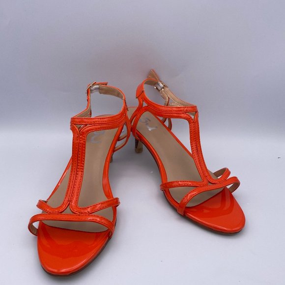 orange t strap heels